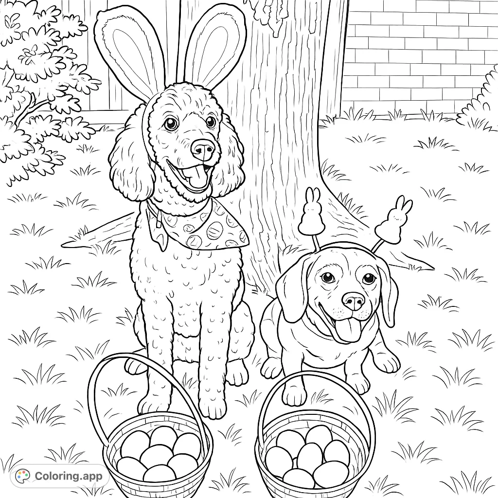 Celebrate Easter with this adorable coloring page featuring two happy dogs in bunny ears and bandanas, sitting beside baskets of eggs in a grassy yard. Perfect for spring fun!