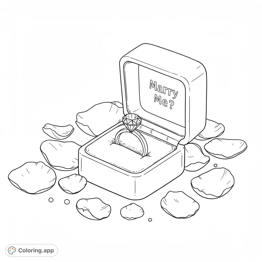 A romantic proposal scene featuring an open ring box with a sparkling diamond ring, surrounded by delicate rose petals. Perfect for love-themed coloring.