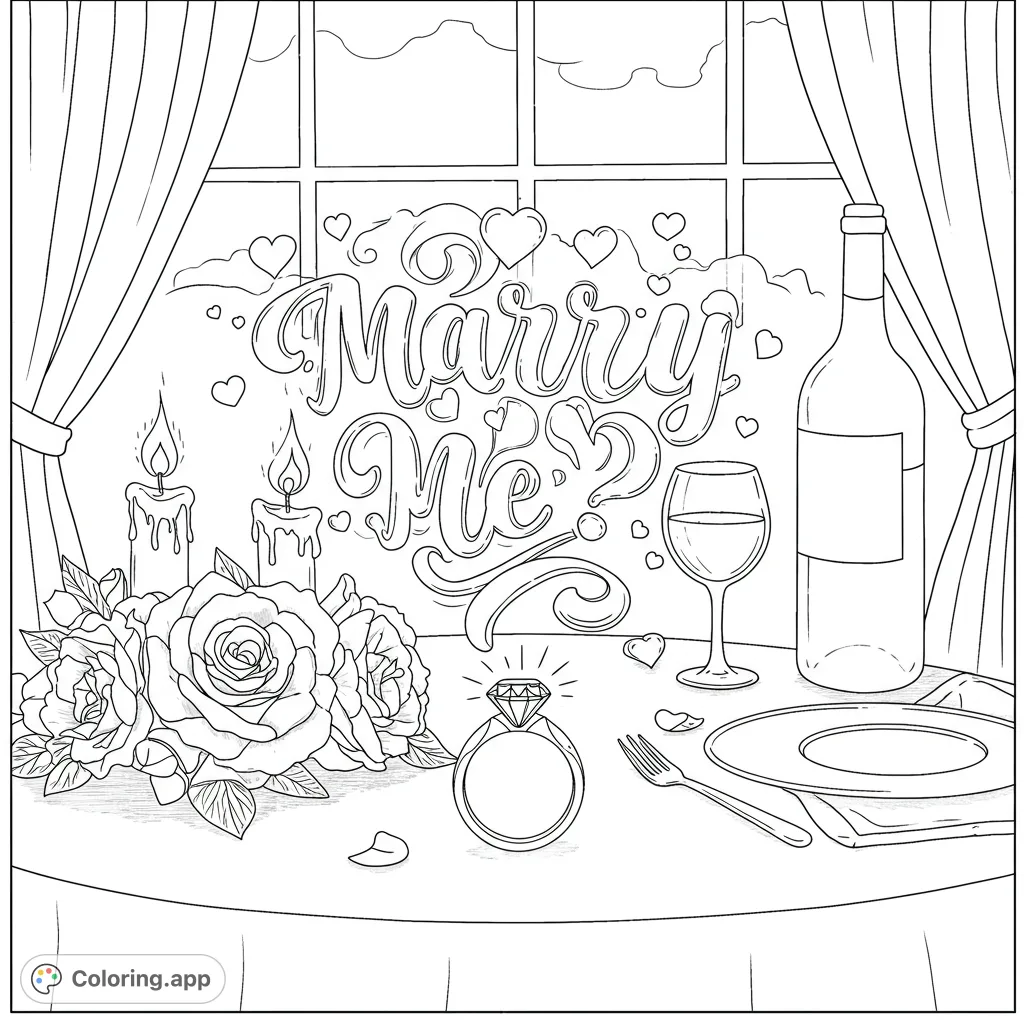 A romantic proposal scene featuring a diamond ring, roses, candles, wine, and 'Marry Me?' text. Perfect for celebrating love and special moments.