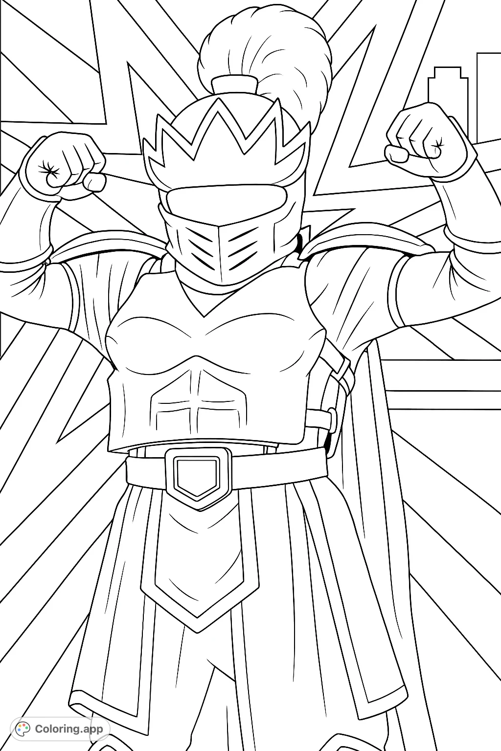Flex your creativity with this armored hero coloring page! Features a powerful character in a detailed suit with a crown-like helmet and dynamic background.