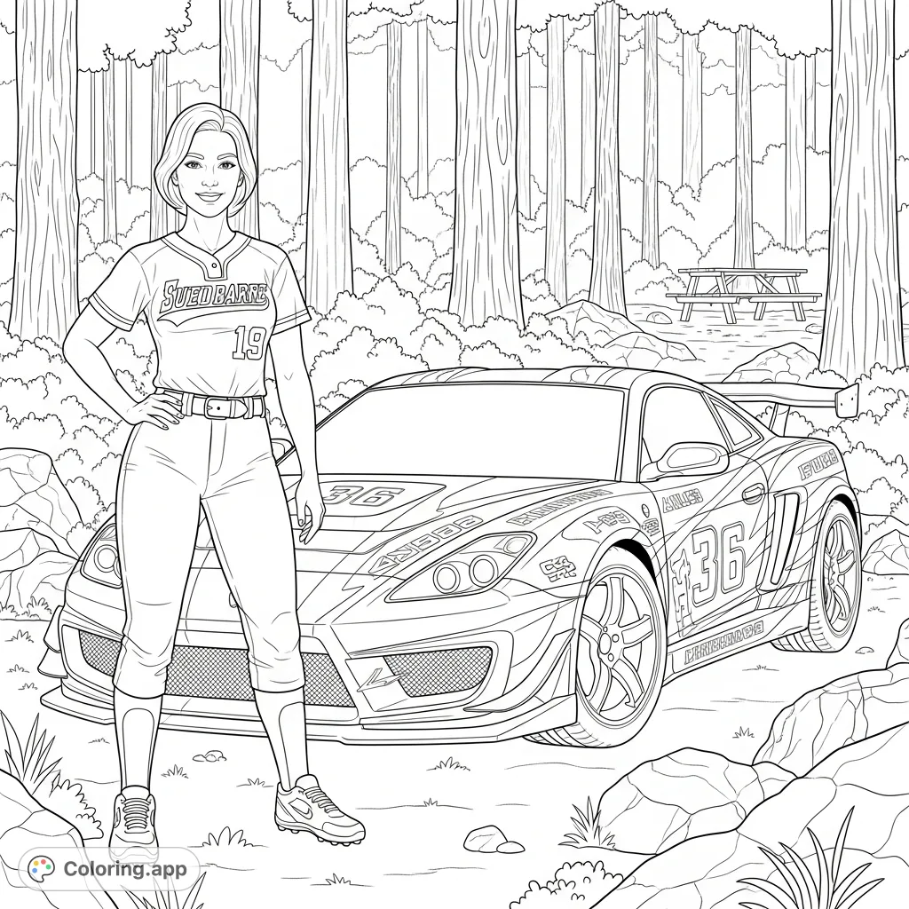 A confident woman in a detailed softball uniform stands next to a powerful sports car with angular graphics in a dense forest, featuring rocks and a picnic table.