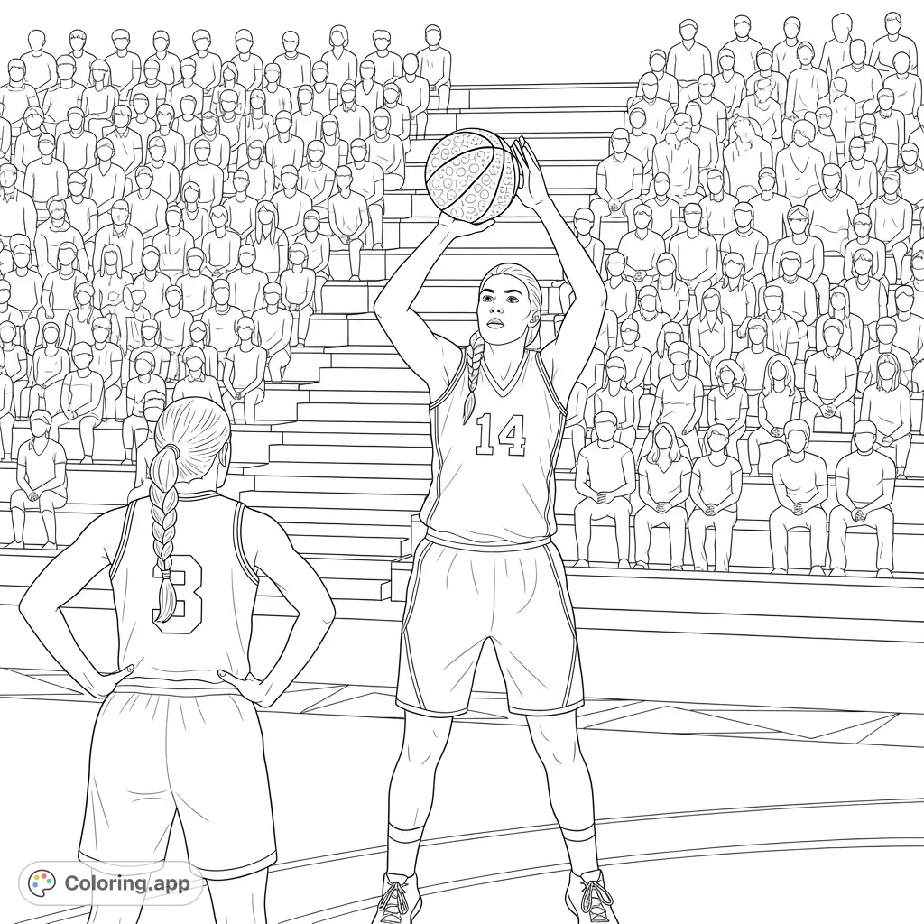 A dynamic female basketball player prepares to shoot on court, flanked by a teammate and a full stadium of spectators. A challenging and exciting sports coloring page.