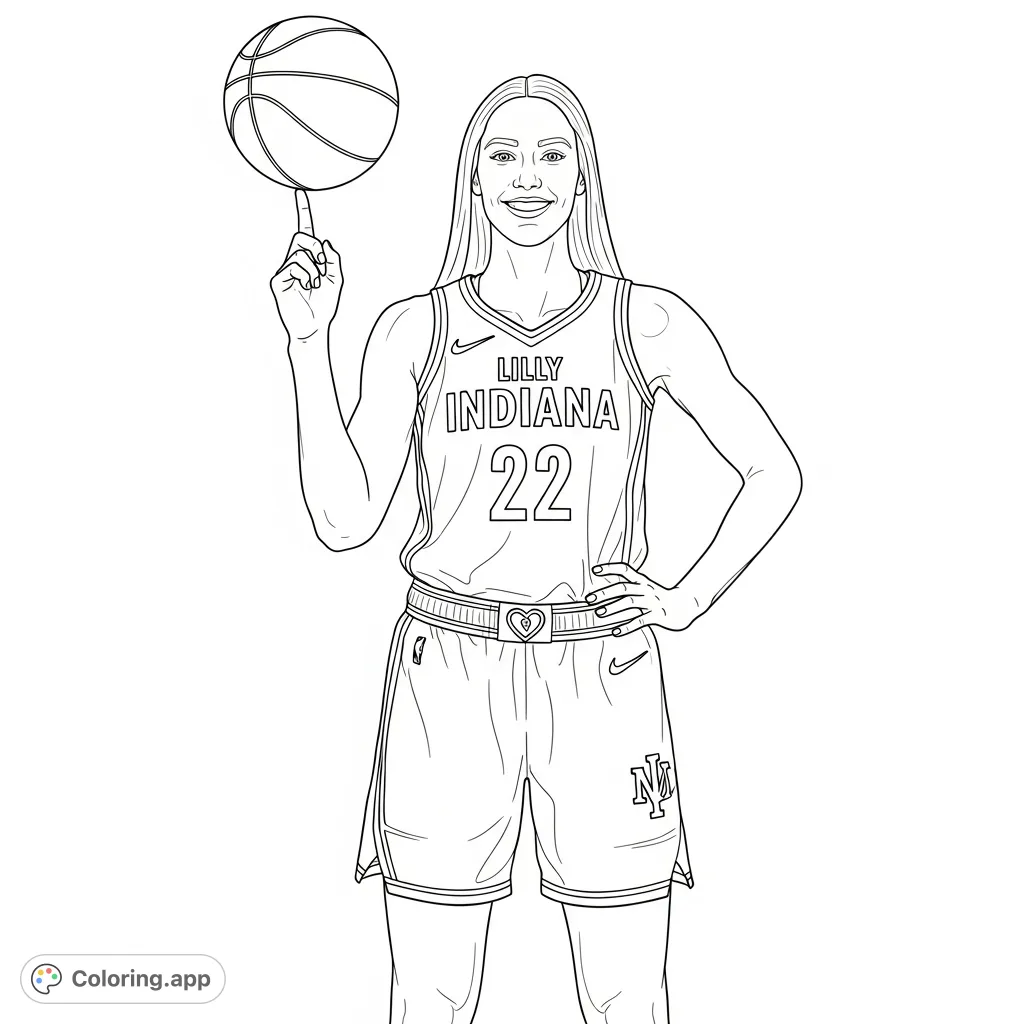 A dynamic basketball player, Lilly, balances a ball on her finger, showcasing her team jersey with 'INDIANA 22' and a unique heart buckle. Perfect for sports fans.