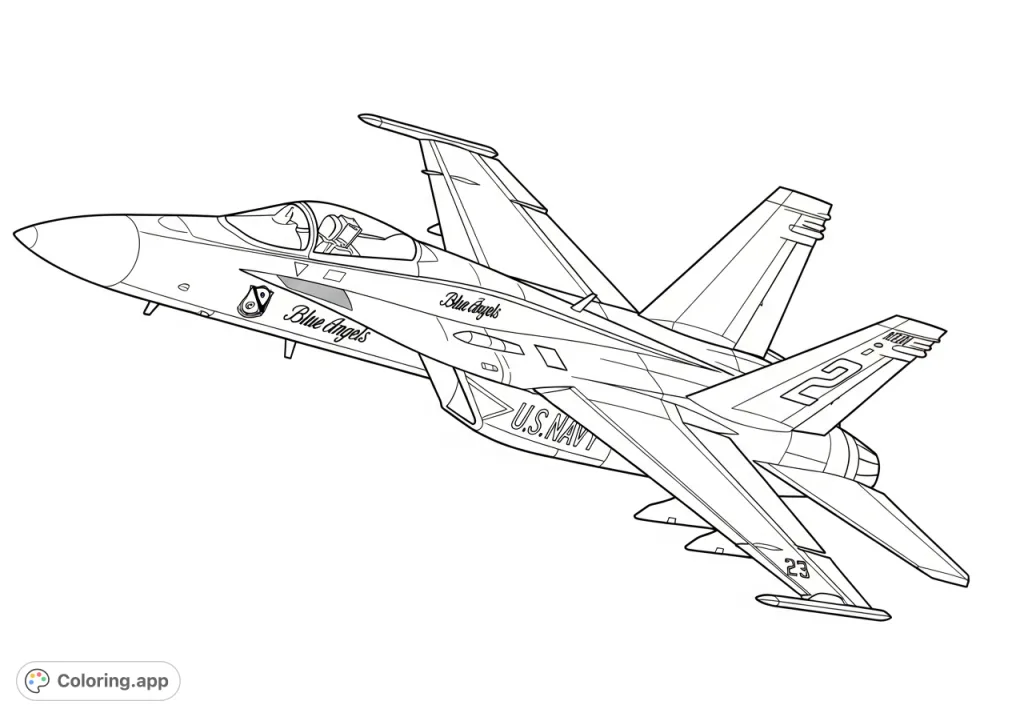 Soar with a dynamic Blue Angels fighter jet in mid-flight! This detailed coloring page features iconic markings, sleek design, and powerful presence against an open sky.