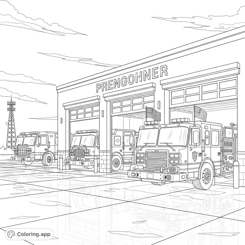 Discover a bustling fire station coloring page featuring a detailed fire truck, two additional trucks, and an American flag. A fun, free printable for all ages!