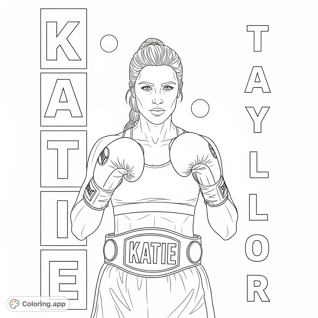Color a determined female boxer, Katie Taylor, in a powerful portrait. Featuring her championship belt and bold background text, this page celebrates strength and focus.