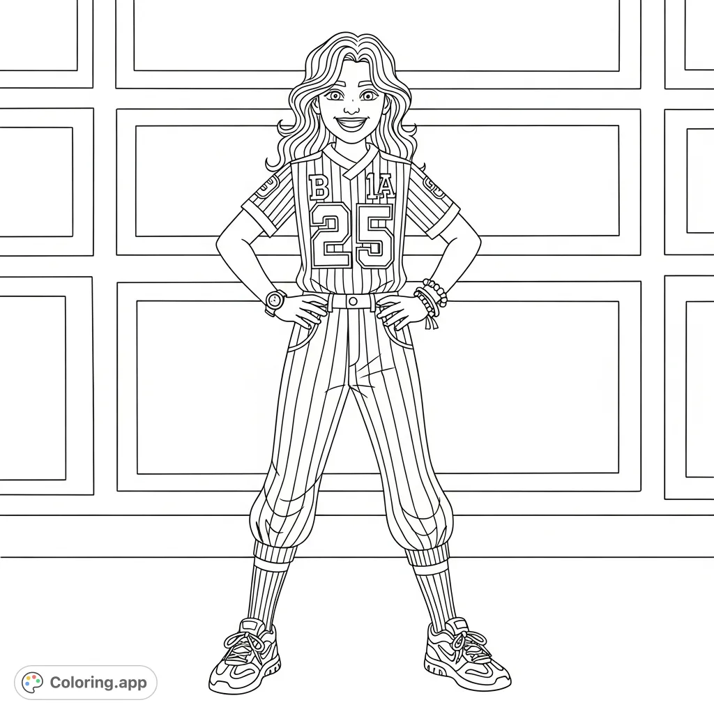 A confident young individual in a striped uniform with block letters, smiling brightly. Features wavy hair, athletic shoes, and detailed accessories against a paneled background.