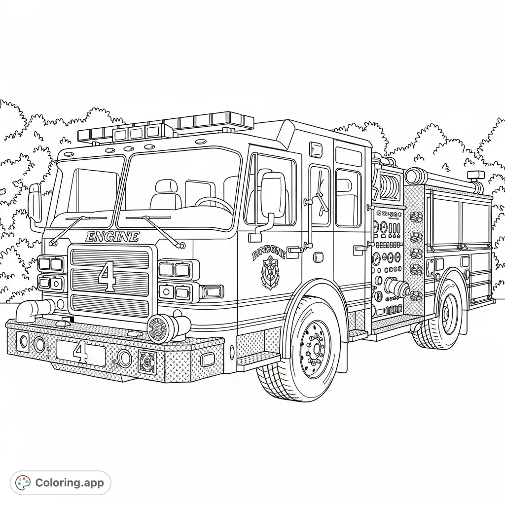 Explore a highly detailed fire engine coloring page, featuring intricate control panels, diamond plate textures, and a prominent number "4".