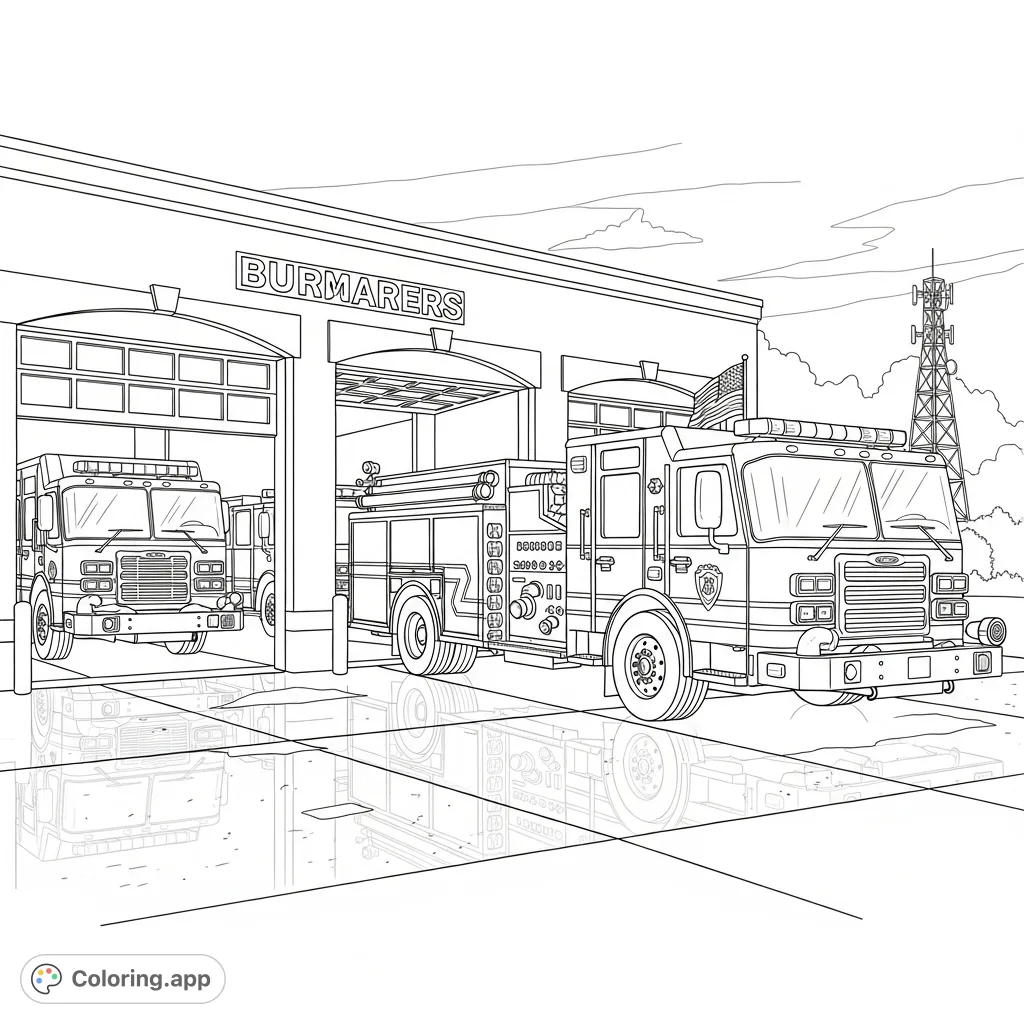Explore a bustling fire station with three detailed fire trucks, an American flag, and a communication tower. A challenging fire station coloring page for enthusiasts.