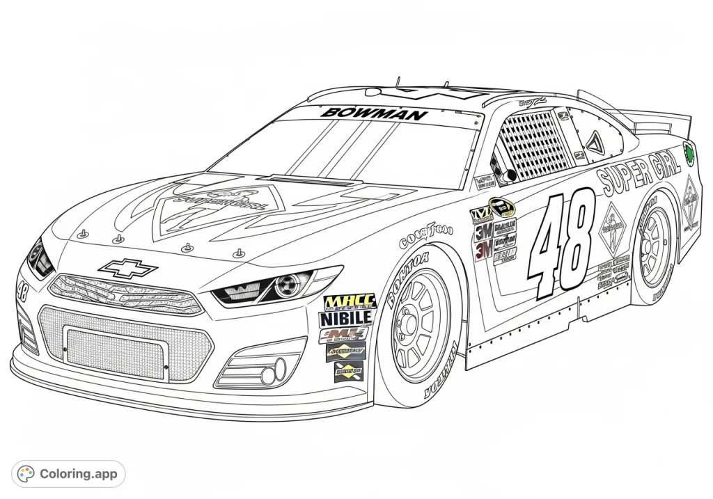 Unleash your creativity on this detailed race car coloring page! Features a sleek design, bold '48', 'SUPER GIRL' emblem, and sponsor details.