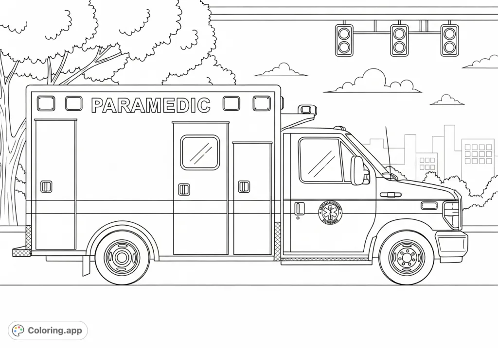 Detailed emergency ambulance vehicle, side view, with patient compartment, cab, lights, text 'PARAMEDIC', and urban background for a captivating coloring experience.