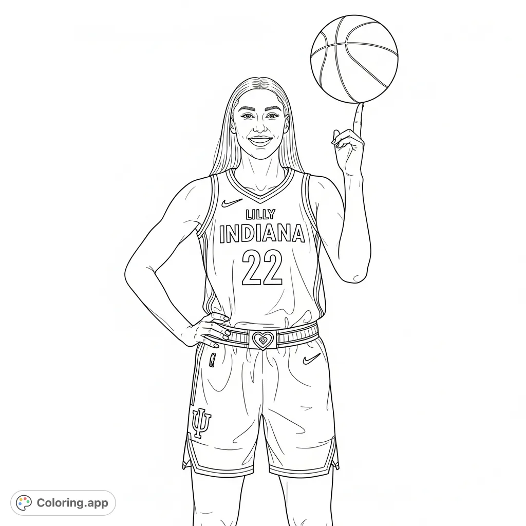 Color this dynamic free printable female basketball player Lilly, balancing a basketball with confidence. Features her jersey with "INDIANA 22" and a heart buckle.