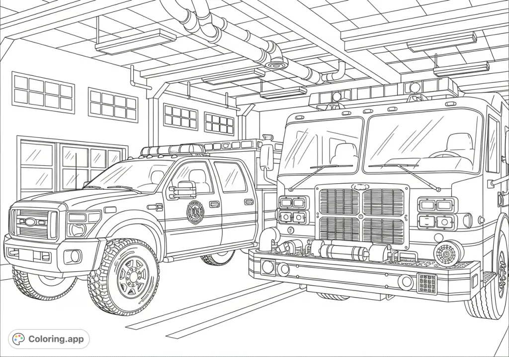 Explore a bustling fire station scene featuring a mighty fire engine and a detailed utility truck, complete with interior architectural elements and vehicle specifics.