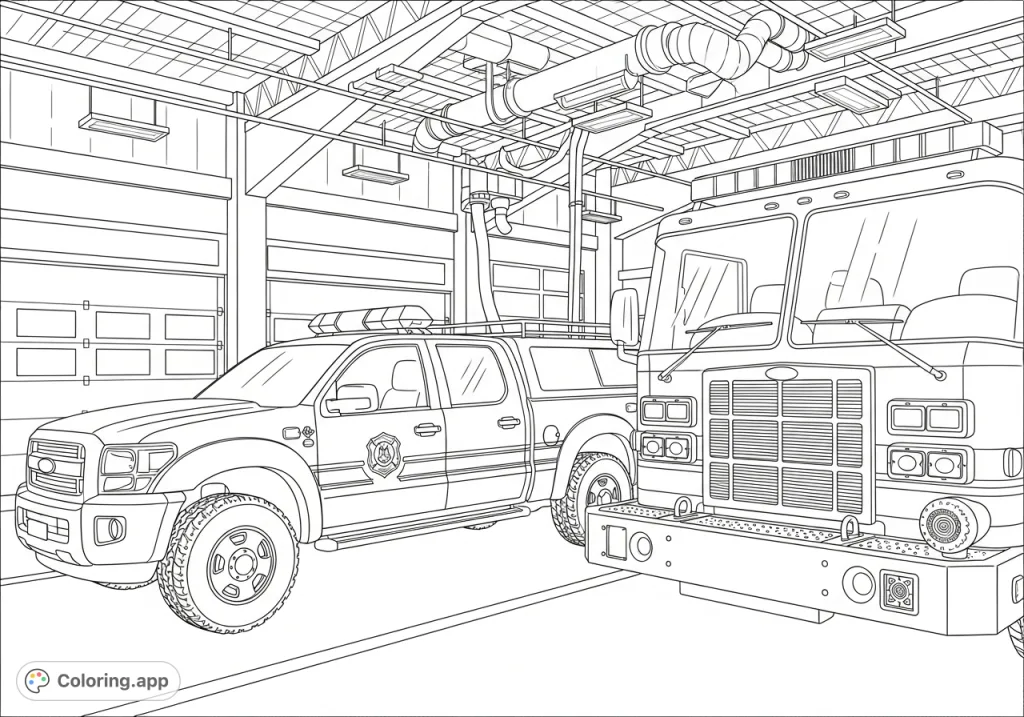 Explore a detailed fire station interior with a powerful fire engine and a utility pickup truck, featuring intricate architectural elements.