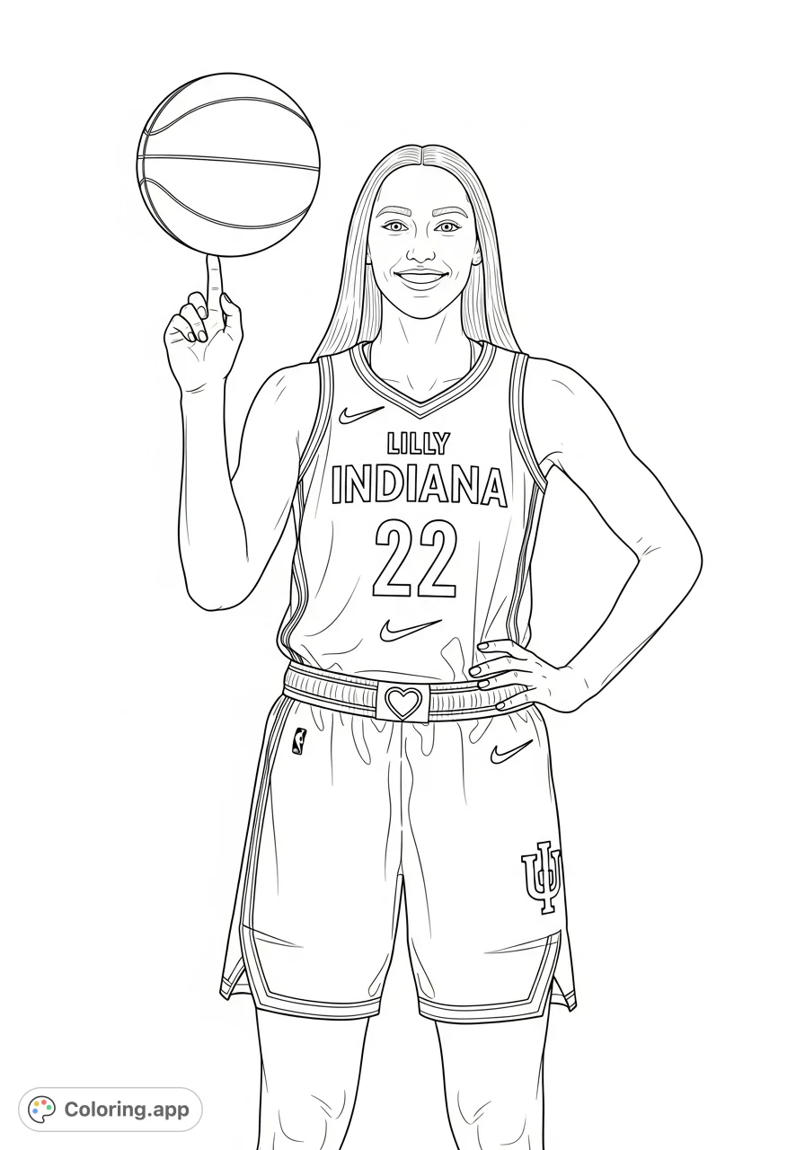 A dynamic coloring page featuring female basketball player Lilly, balancing a basketball. Customize her uniform with team colors and personal flair.