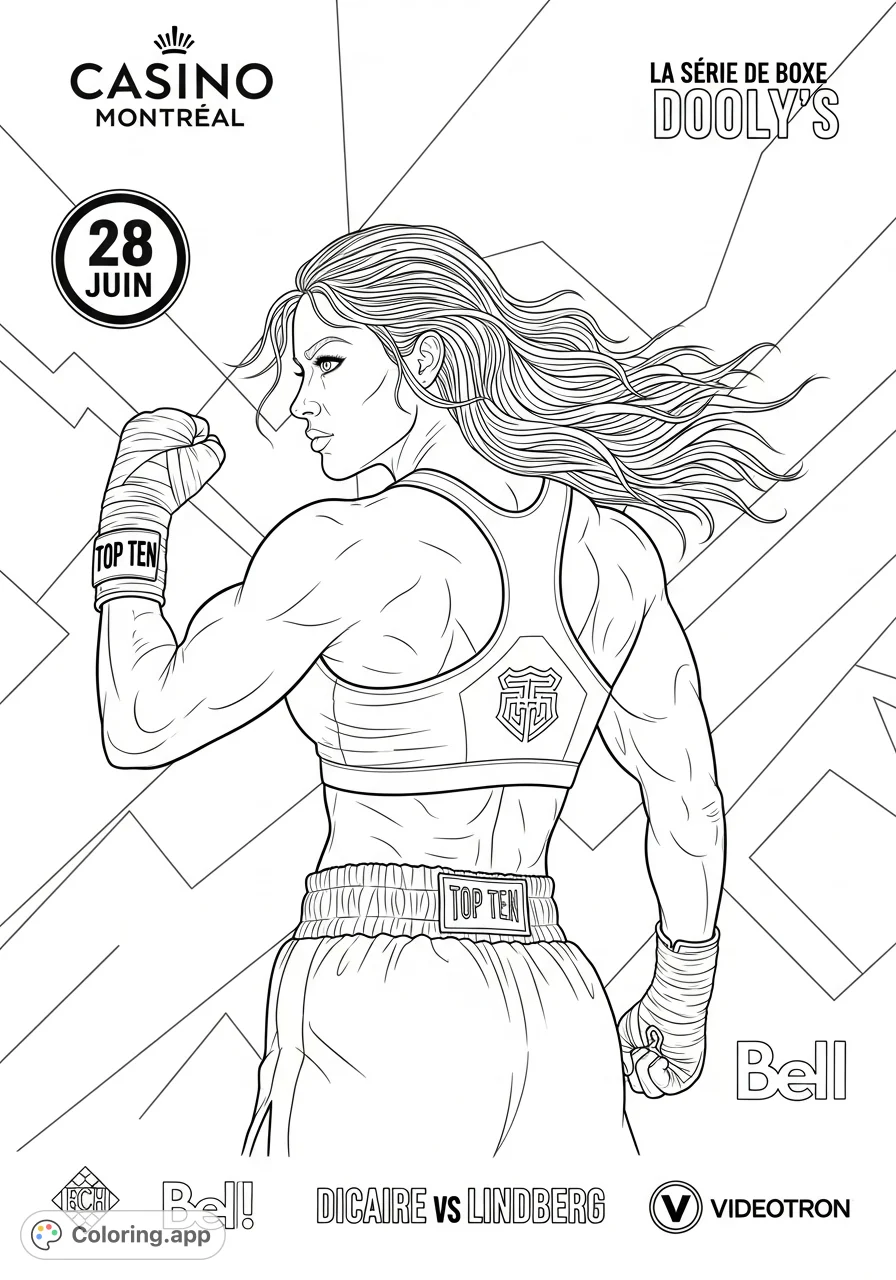 A powerful female boxer, seen from behind, with muscular physique and flowing hair, set against a dynamic geometric background with event details.