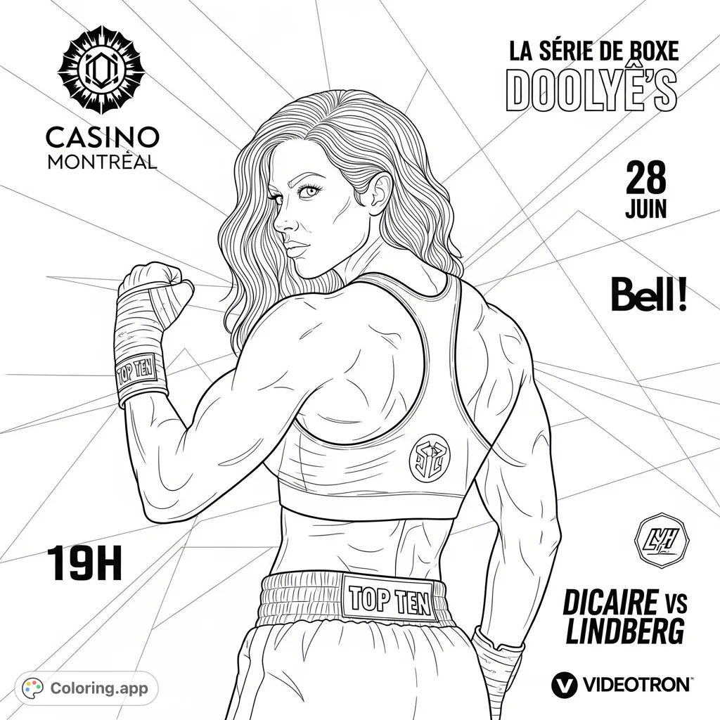 A powerful female boxer, muscular and poised, looks over her shoulder against a dynamic geometric background filled with event details and text. A challenging boxing coloring page.