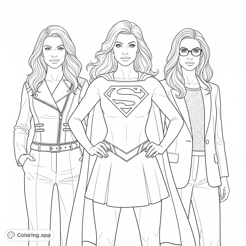 An empowering coloring page featuring three strong female characters: a superhero with an 'S' emblem, a woman in a fitted jacket, and another in a blazer.
