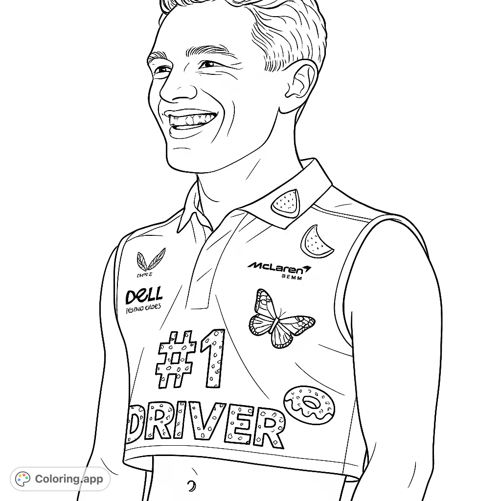 A cheerful racing driver in a unique sleeveless polo shirt adorned with a butterfly, donut, and watermelon slices. A fun, free printable coloring page.