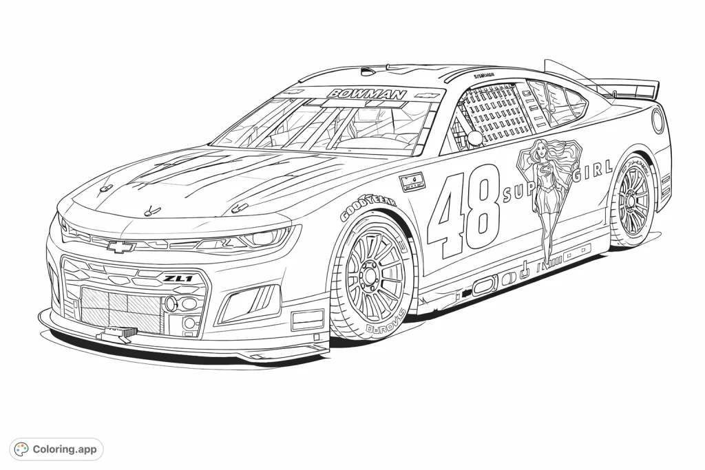 Detailed race car with prominent number 48 and superhero emblem, perfect for fans of speed and iconic characters to personalize.