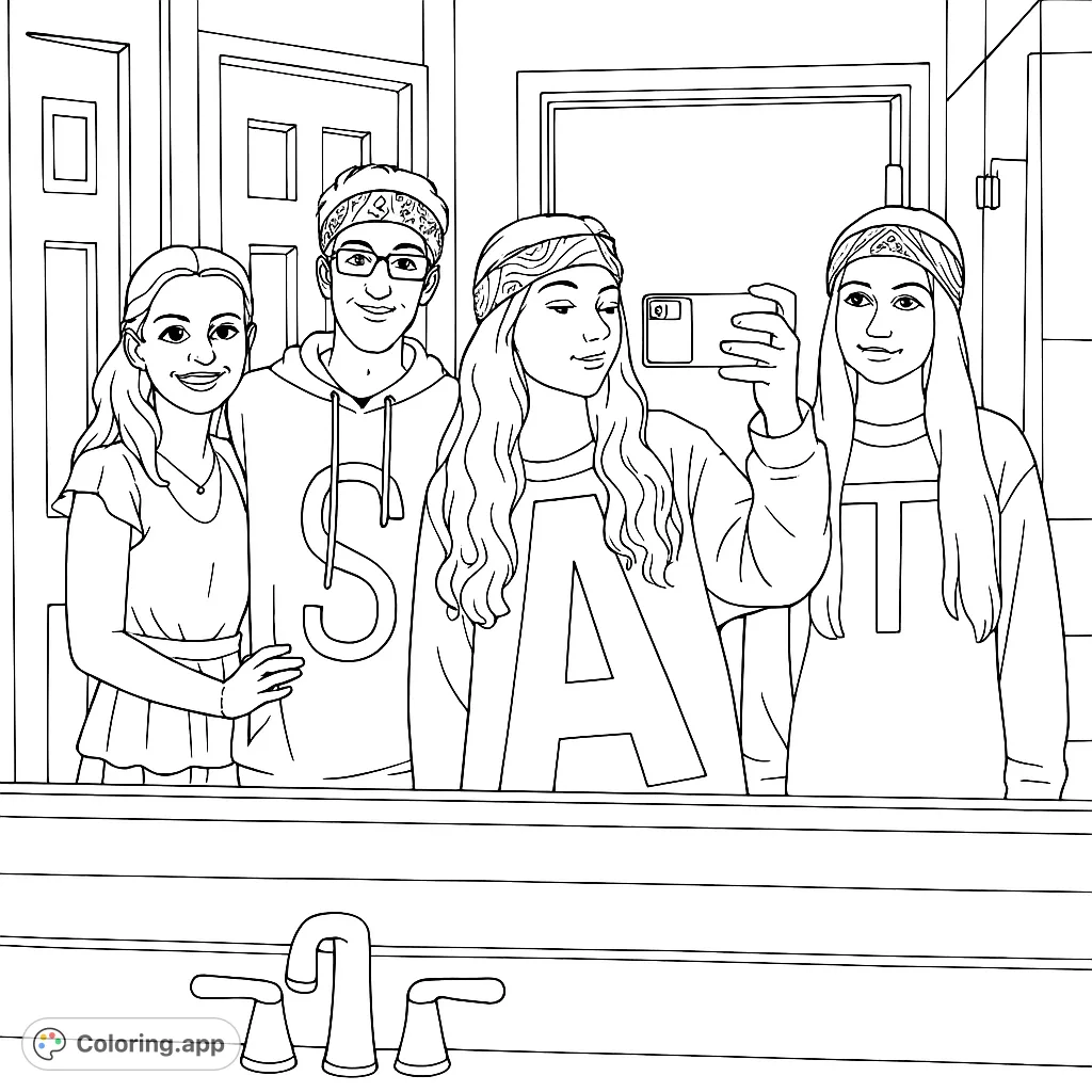 Four friends capture a fun mirror selfie in a detailed black and white line drawing, perfect for creative coloring.