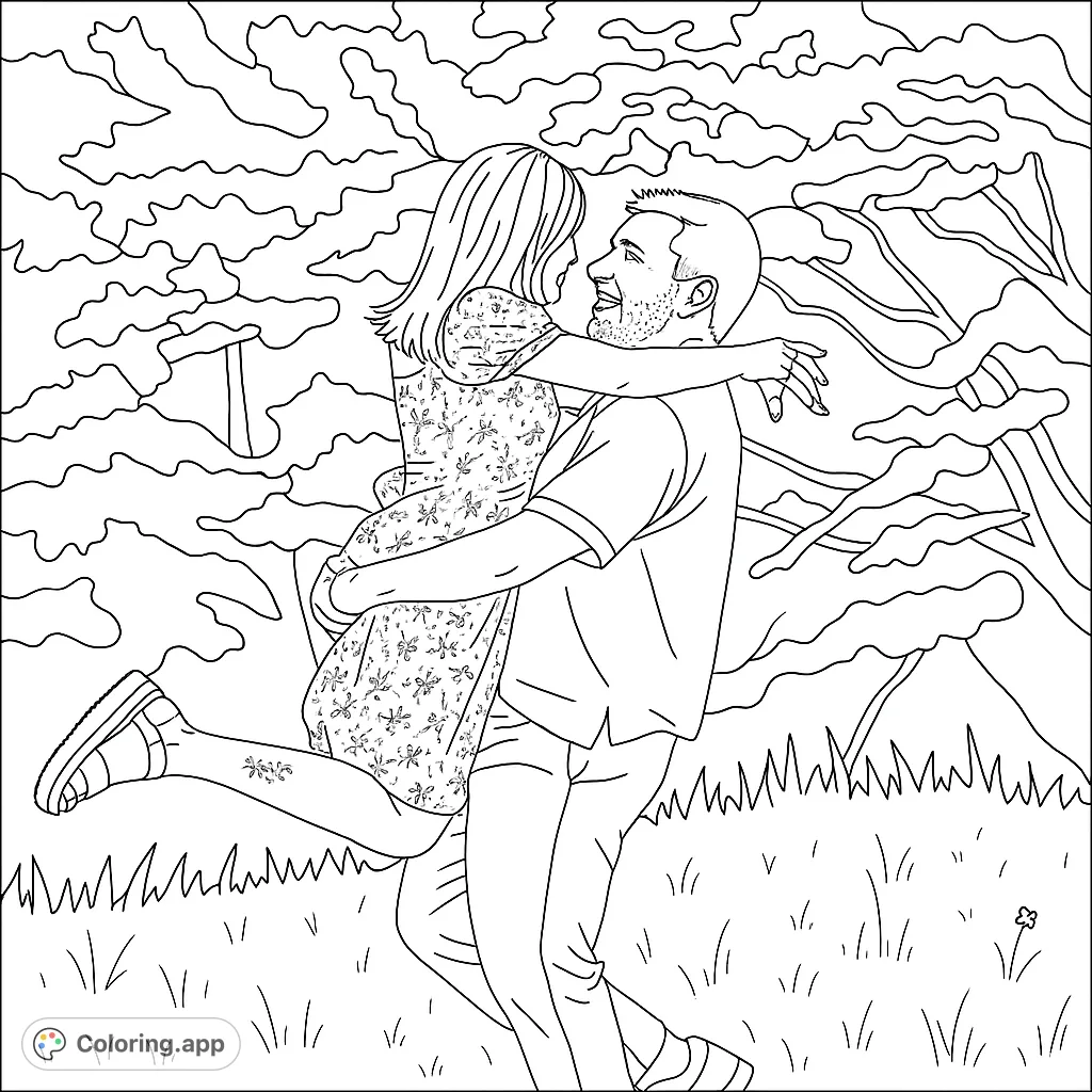 A romantic embrace coloring page featuring a happy couple surrounded by lush nature. Perfect for celebrating love and connection.
