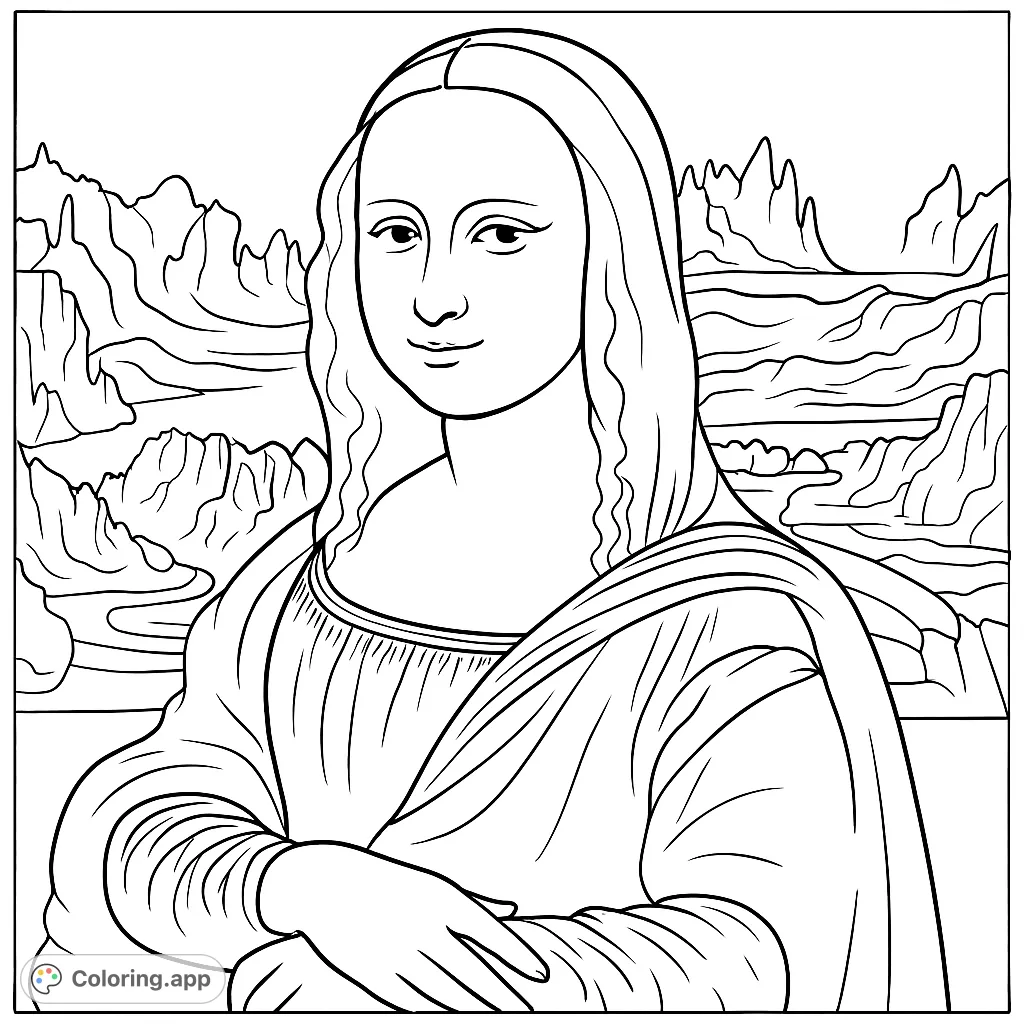 Color the iconic Mona Lisa portrait with her enigmatic smile and a detailed landscape background. A free printable art masterpiece.