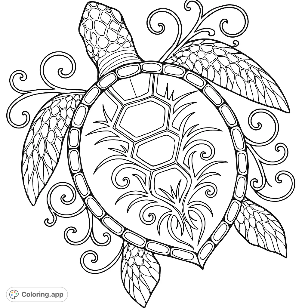 Intricate sea turtle coloring page with decorative swirls and detailed shell patterns. A free printable ocean-themed design, perfect for all ages and skill levels.