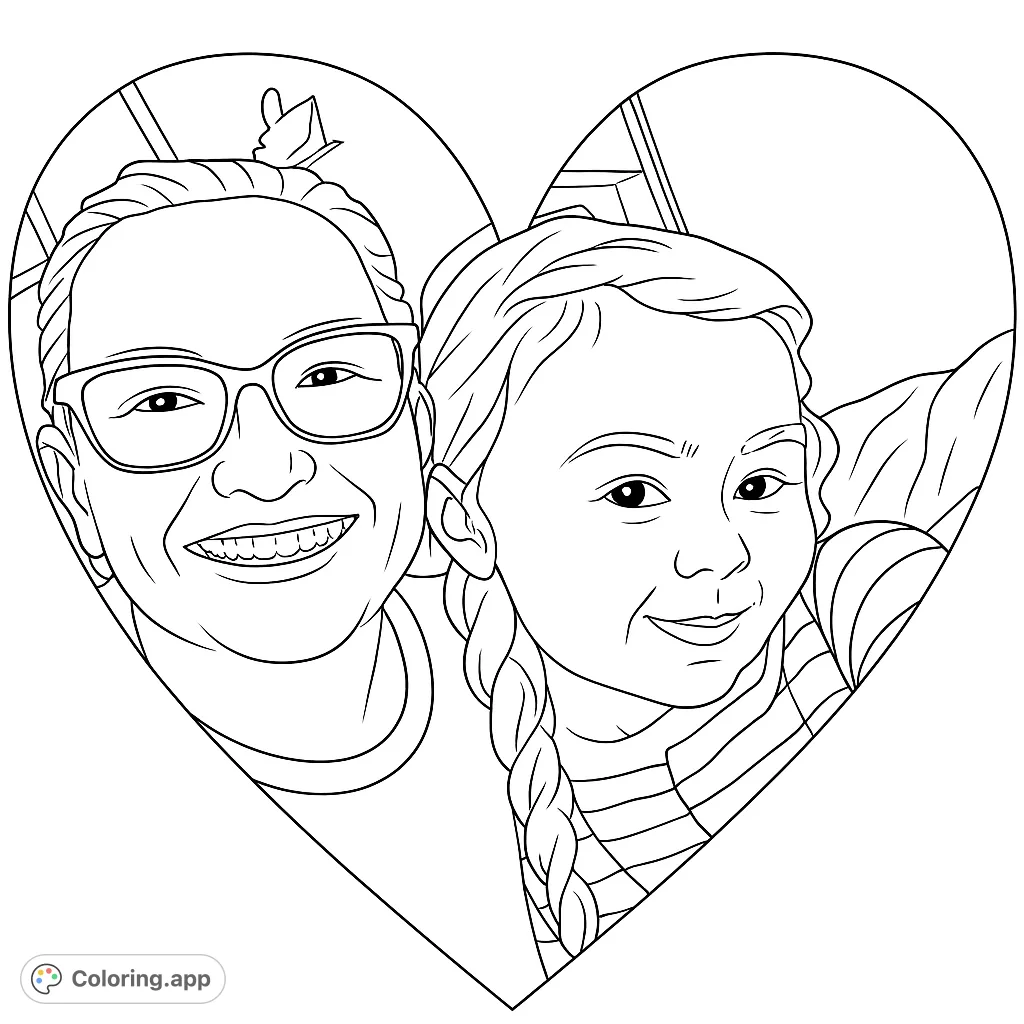 A heartwarming family portrait coloring page in a heart shape, featuring two smiling faces. Perfect for a love-themed free printable coloring page.