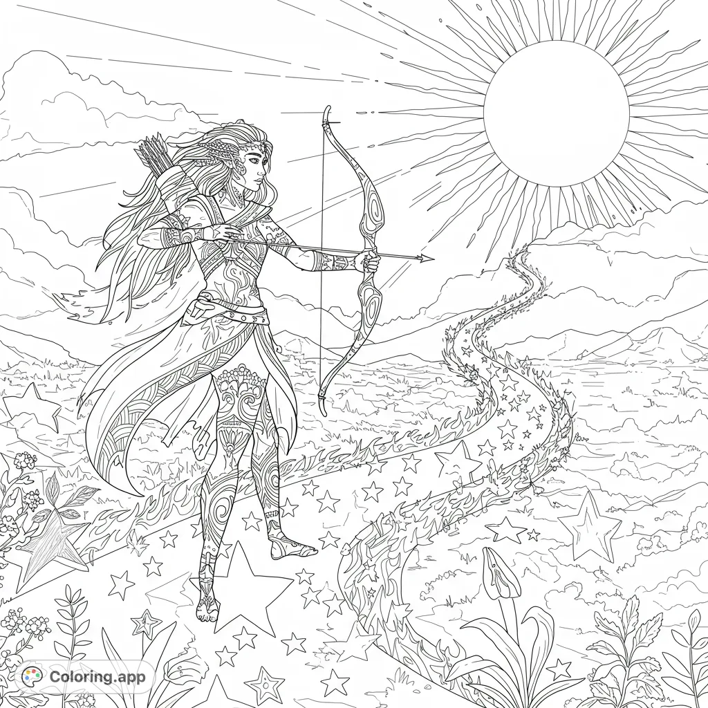 An intricate fantasy warrior coloring page featuring a celestial archer aiming her bow on a path of stars and flames under a radiant sun. Free printable.