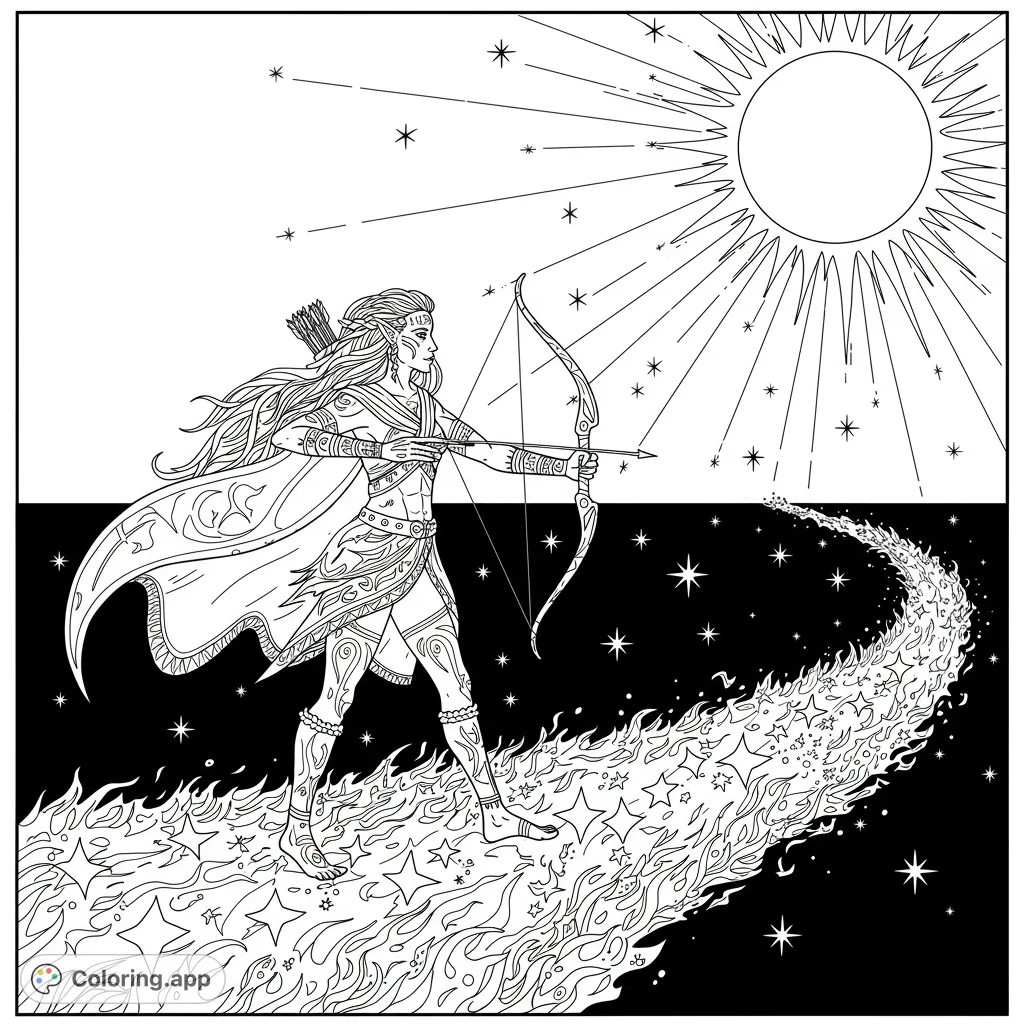 An intricate fantasy coloring page featuring an elven archer striding across a path of flames and stars, bridging a sunlit sky and a starry night.