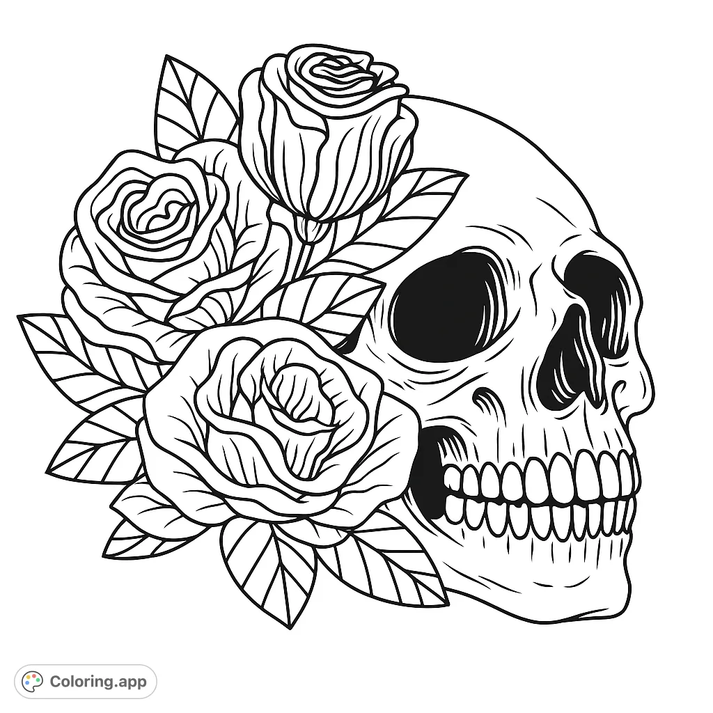 Intricate skull and roses coloring page, perfect for adults. Features a detailed skull adorned with three blooming roses and leaves. Free printable coloring page.