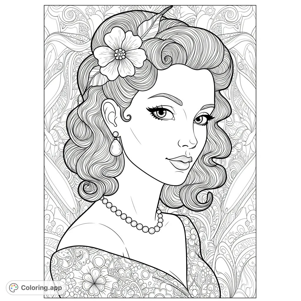 An elegant woman with a vintage hairstyle, pearl necklace, and intricate floral dress, set against a detailed patterned background. Perfect for adult colorists.