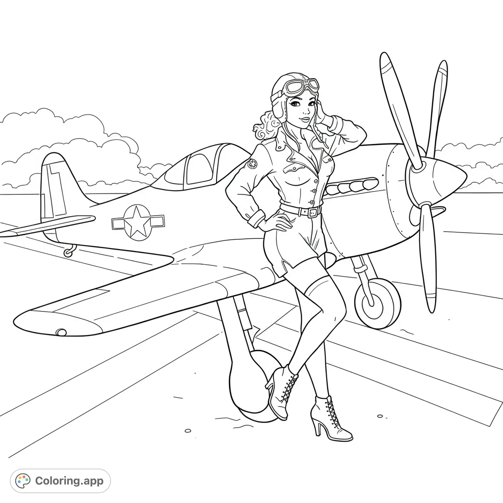 A retro pin-up pilot poses confidently beside her vintage propeller plane on a runway, ready for adventure. Perfect for aviation and retro art fans.
