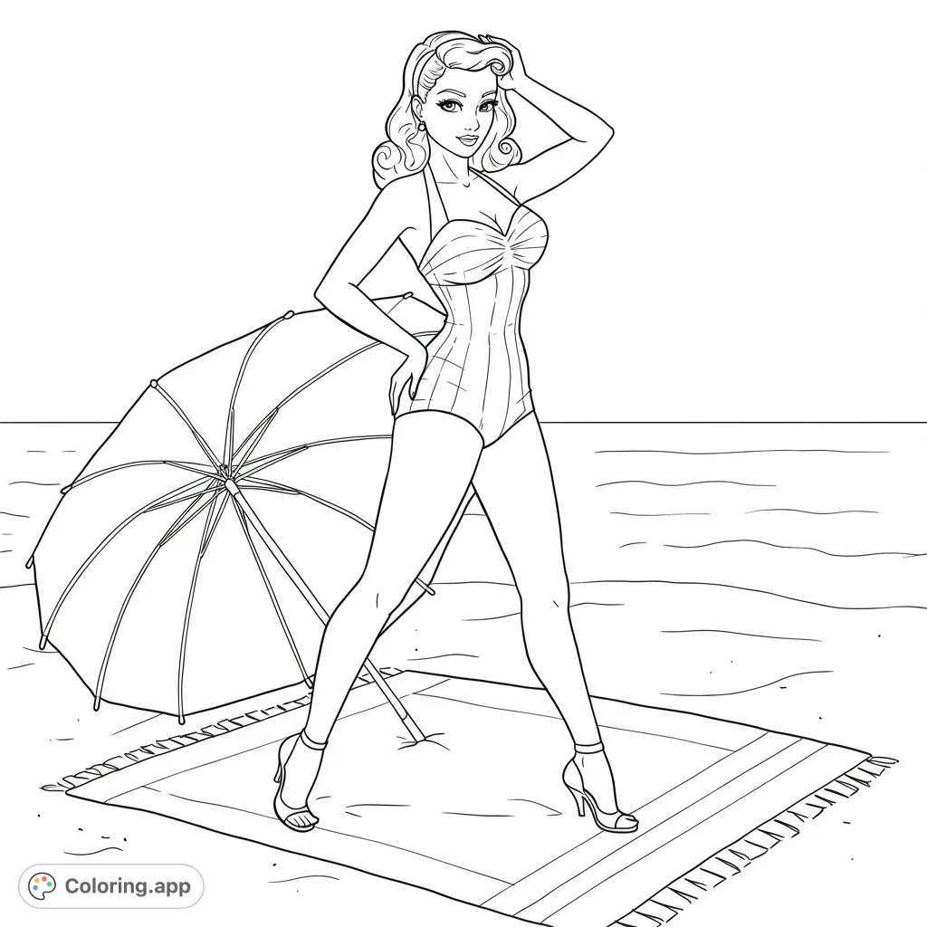 Step back in time with this glamorous vintage beach beauty. A stylish woman in a retro swimsuit poses by a beach umbrella, ready for your creative colors!