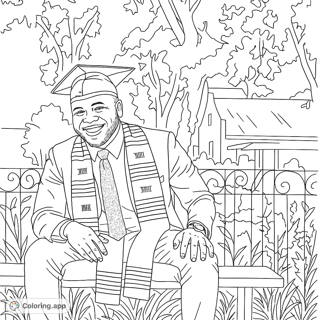 Celebrate success with this graduation coloring page featuring a smiling graduate on a bench. Perfect for free printable coloring page fun!