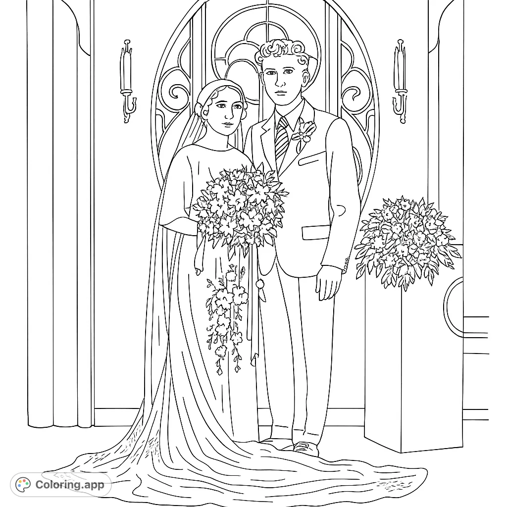 A beautiful wedding couple stands before an ornate arch, ready for their special day. Perfect for a romantic coloring page.