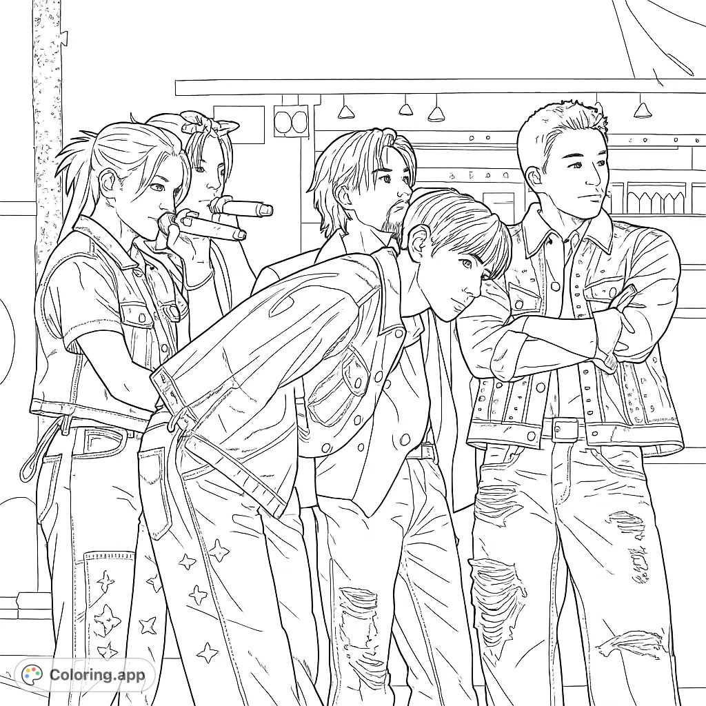 Dynamic pop group street style coloring page. Five trendy individuals in denim, ready for your creative colors. Free printable coloring page for fans!