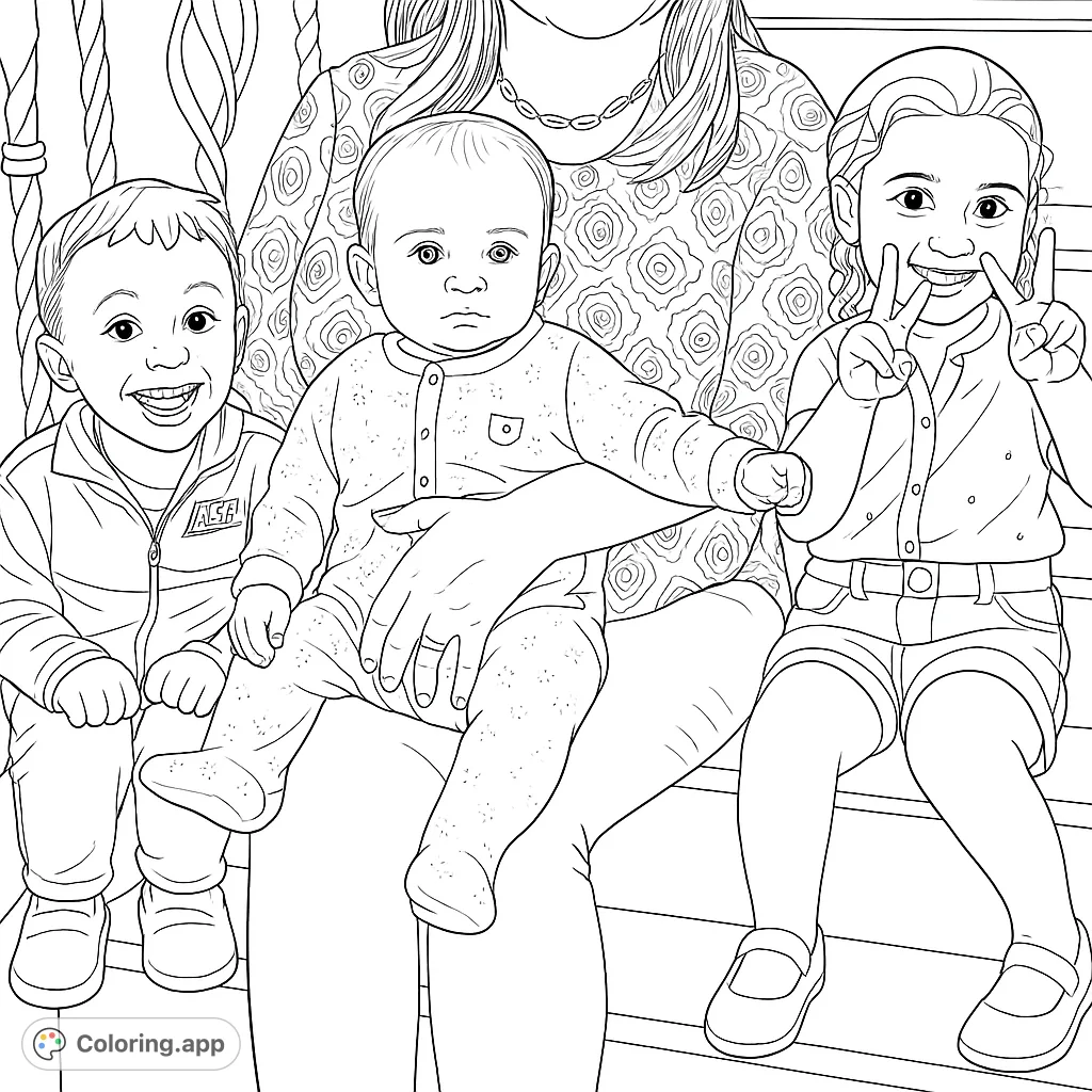 A heartwarming family portrait featuring a mom holding a baby, with a smiling boy and girl beside her. Perfect for family-themed coloring fun!