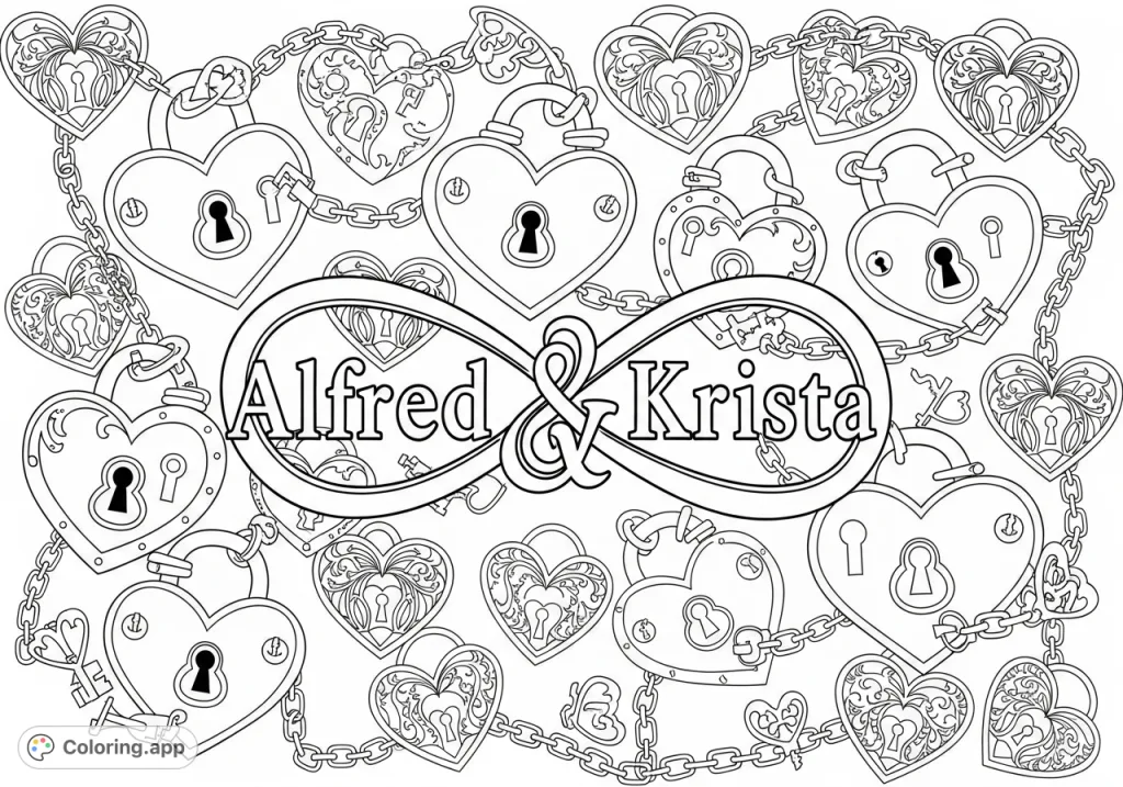 A romantic coloring page featuring the names Alfred and Krista intertwined with an infinity symbol, surrounded by heart-shaped locks, chains, and Gothic hearts.