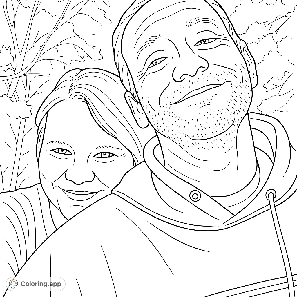 A heartwarming free printable couple portrait coloring page featuring two smiling individuals outdoors. Perfect for personalizing with your favorite colors.