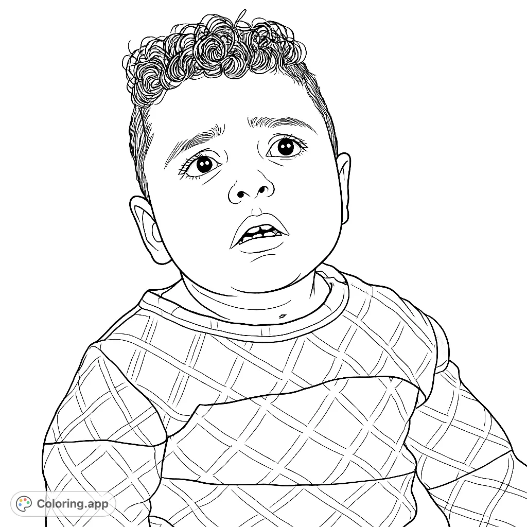 A charming baby coloring page featuring a curious child with curly hair and a patterned shirt, perfect for free printable coloring page fun.