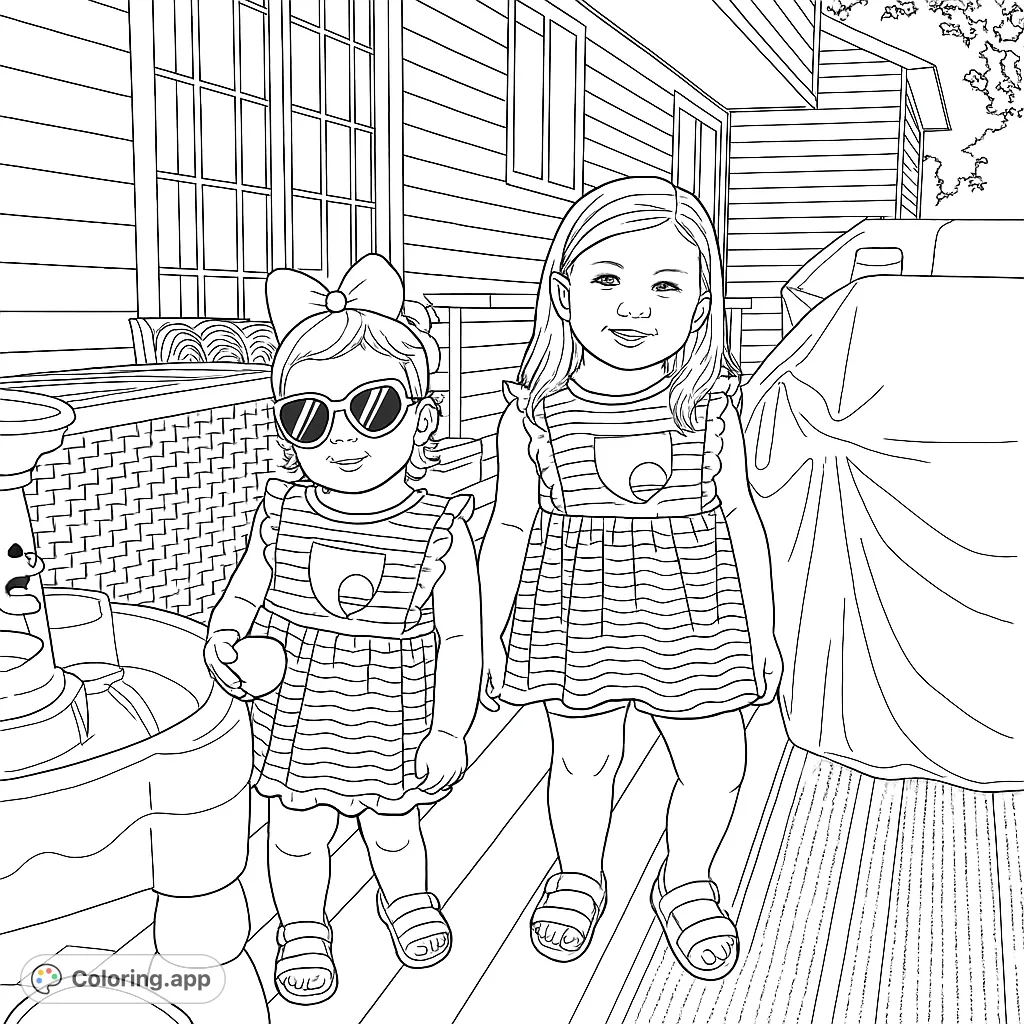 Two smiling girls in striped dresses on a sunny porch with outdoor furniture. A delightful summer scene, perfect for a free printable family coloring page.