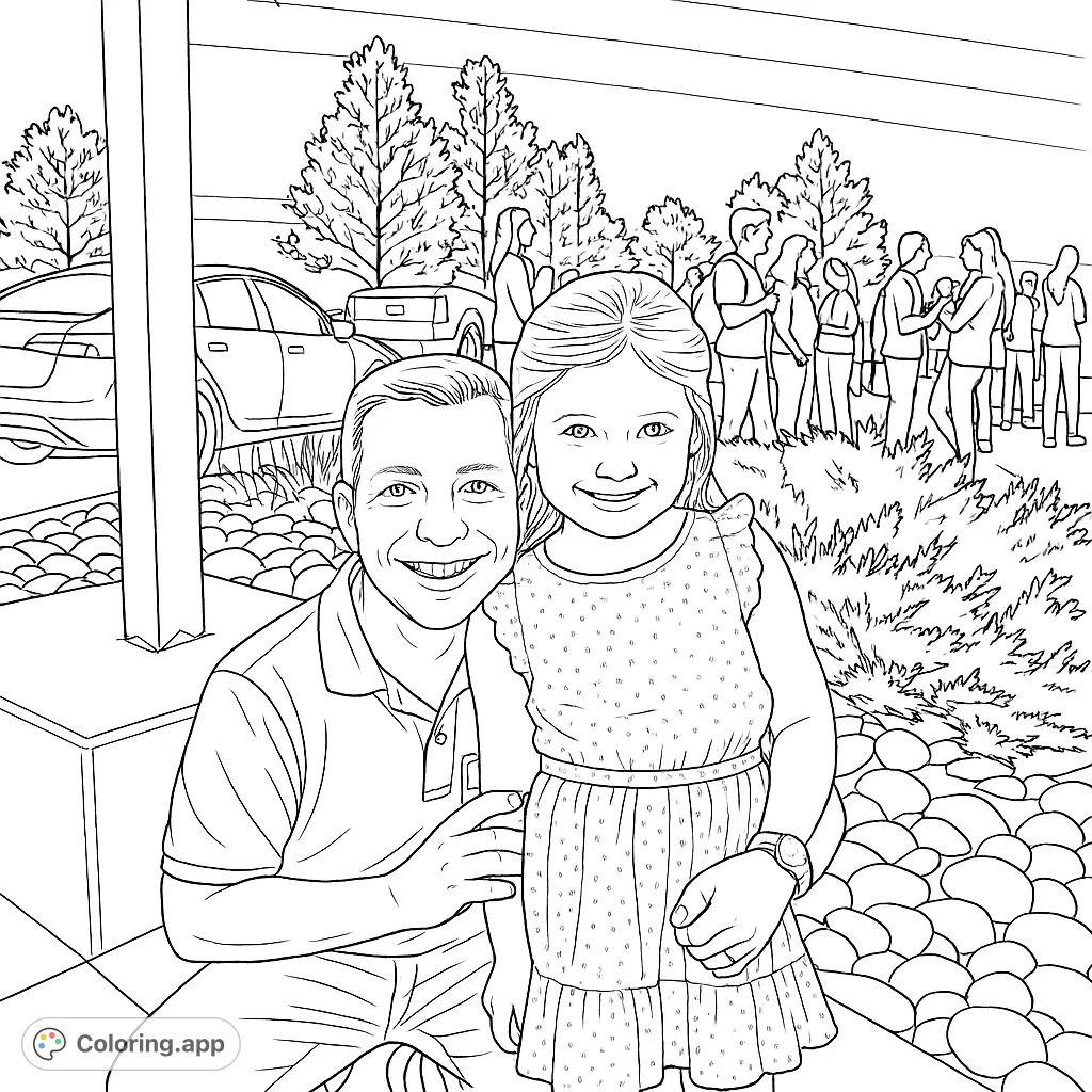 A heartwarming family coloring page featuring a smiling father and daughter, perfect for celebrating special bonds. Free printable for all ages!