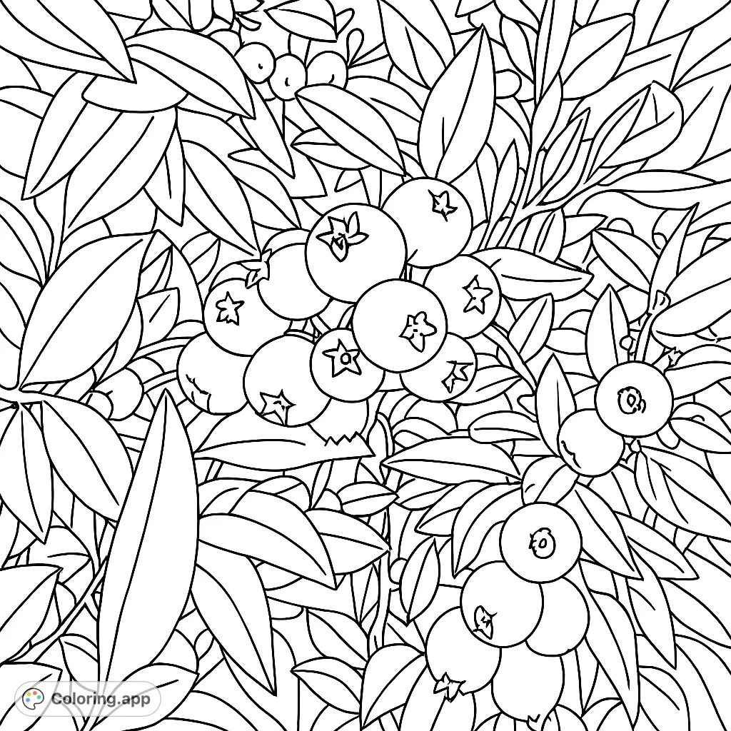 Discover a delightful blueberry bush coloring page, featuring clusters of round berries and lush leaves, perfect for nature lovers.