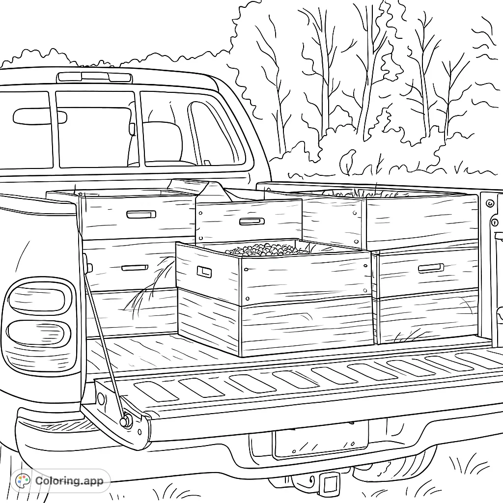A detailed farm harvest coloring page featuring a pickup truck loaded with wooden crates of fresh produce, set against a rustic natural background.