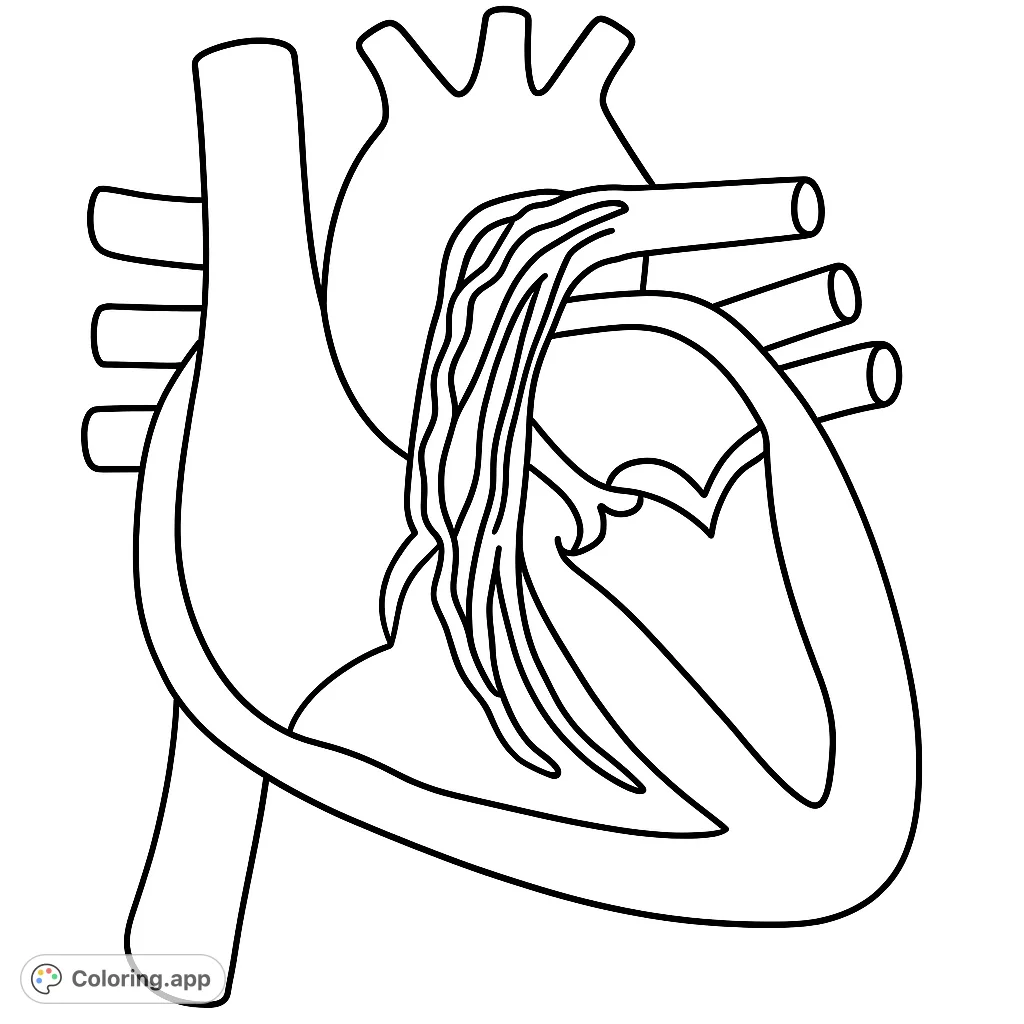 Explore the human heart with this detailed anatomical diagram. A free printable heart coloring page, perfect for learning and relaxation. Great for all ages!