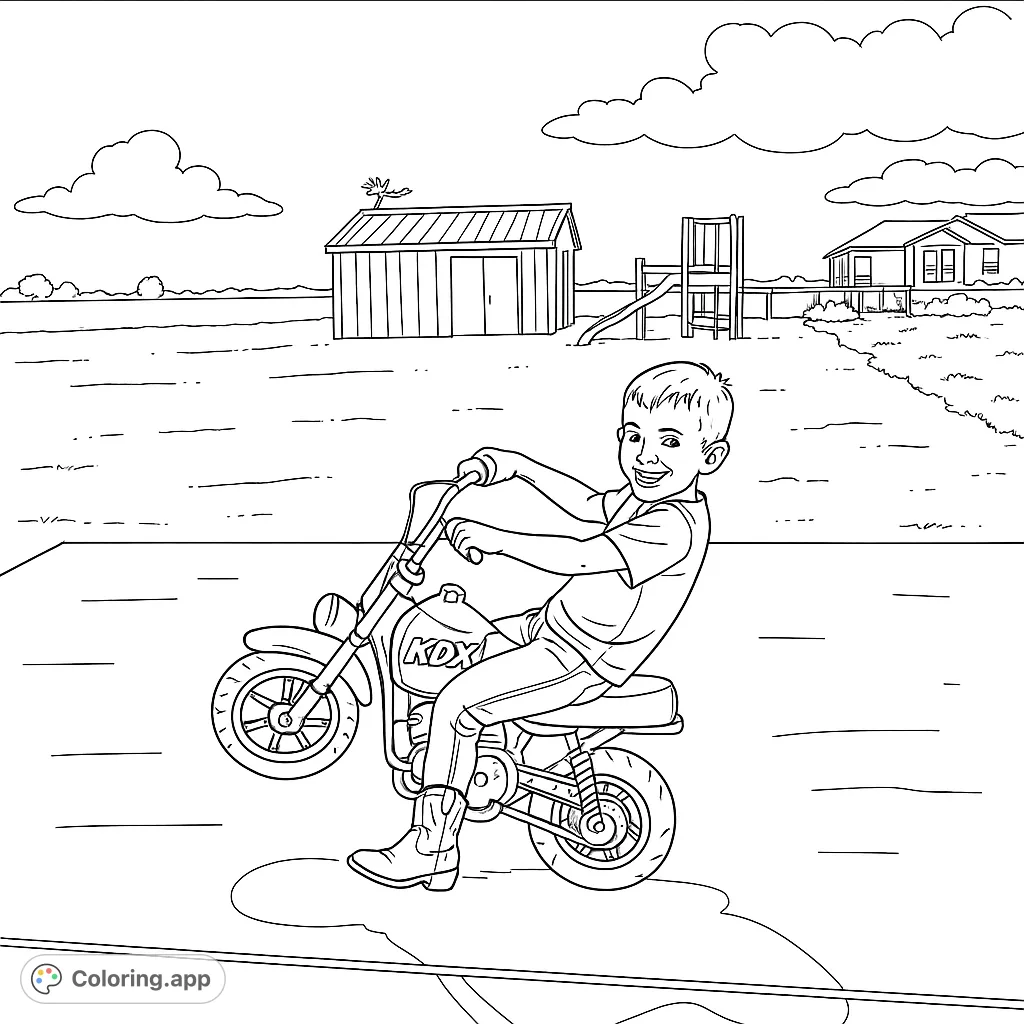 Excited boy on a mini-bike doing a wheelie, set against a rural backdrop with a shed and playground. A fun, free printable coloring page for kids.