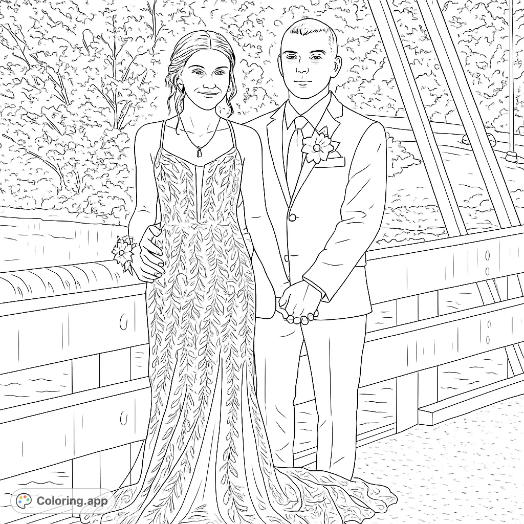 An elegant couple in formal attire stands on a rustic bridge, surrounded by lush nature. Intricate details offer a delightful coloring experience.