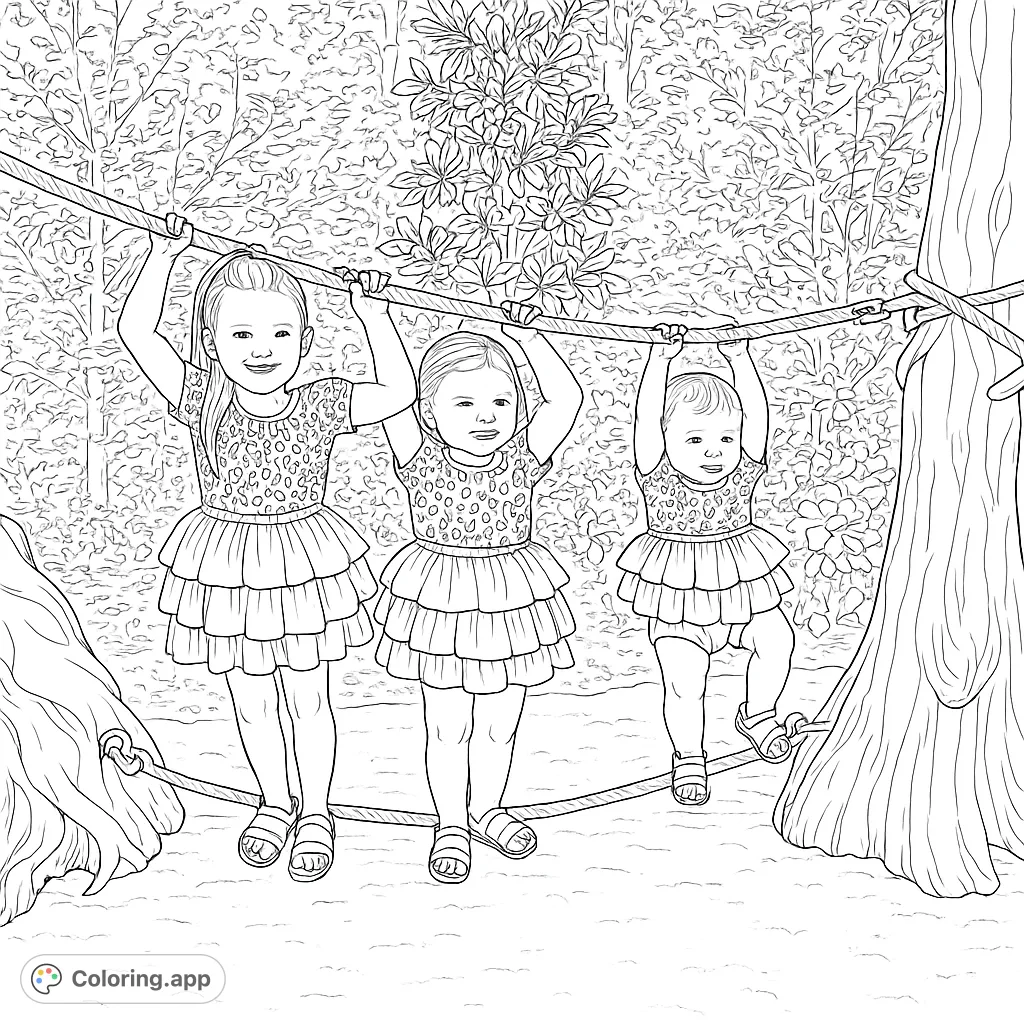 Three joyful girls on a forest rope bridge, perfect for a fun and adventurous coloring experience. Features detailed foliage and playful outfits.